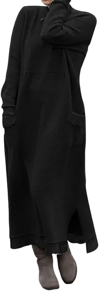 Akivide Women'S Fleece Pullover Sweatshirt Dress Casual Loose Crewneck Long Sleeve Maxi Dresses with Pockets Black / Xx-Large