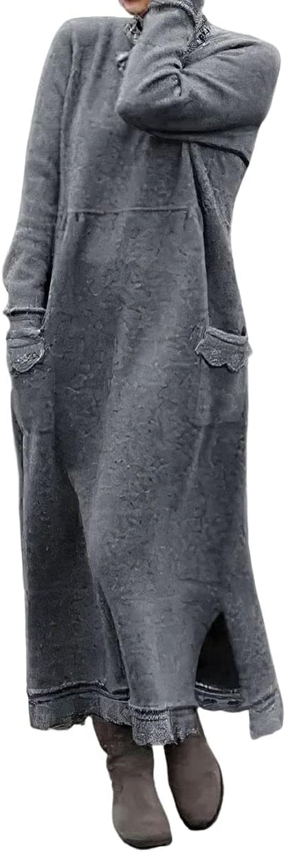 Akivide Women'S Fleece Pullover Sweatshirt Dress Casual Loose Crewneck Long Sleeve Maxi Dresses with Pockets Light Gray / 3X-Large