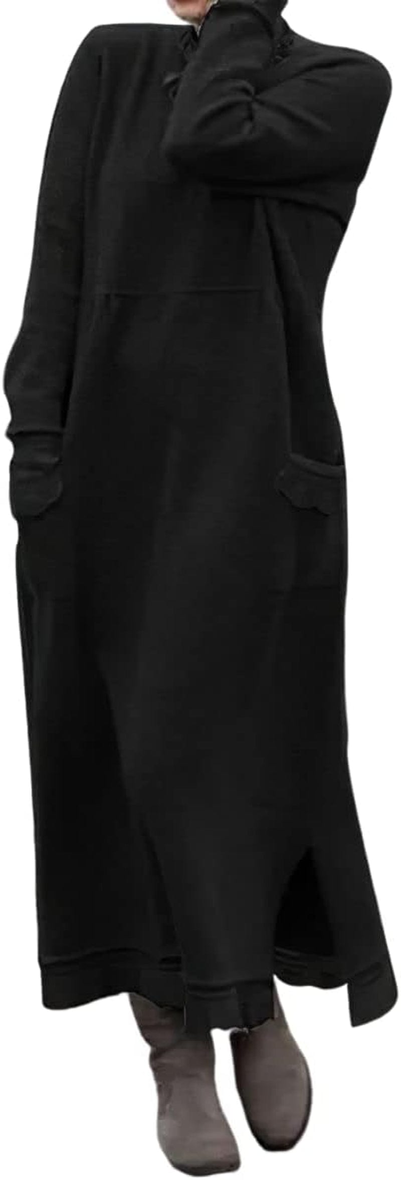 Akivide Women'S Fleece Pullover Sweatshirt Dress Casual Loose Crewneck Long Sleeve Maxi Dresses with Pockets Black / Small