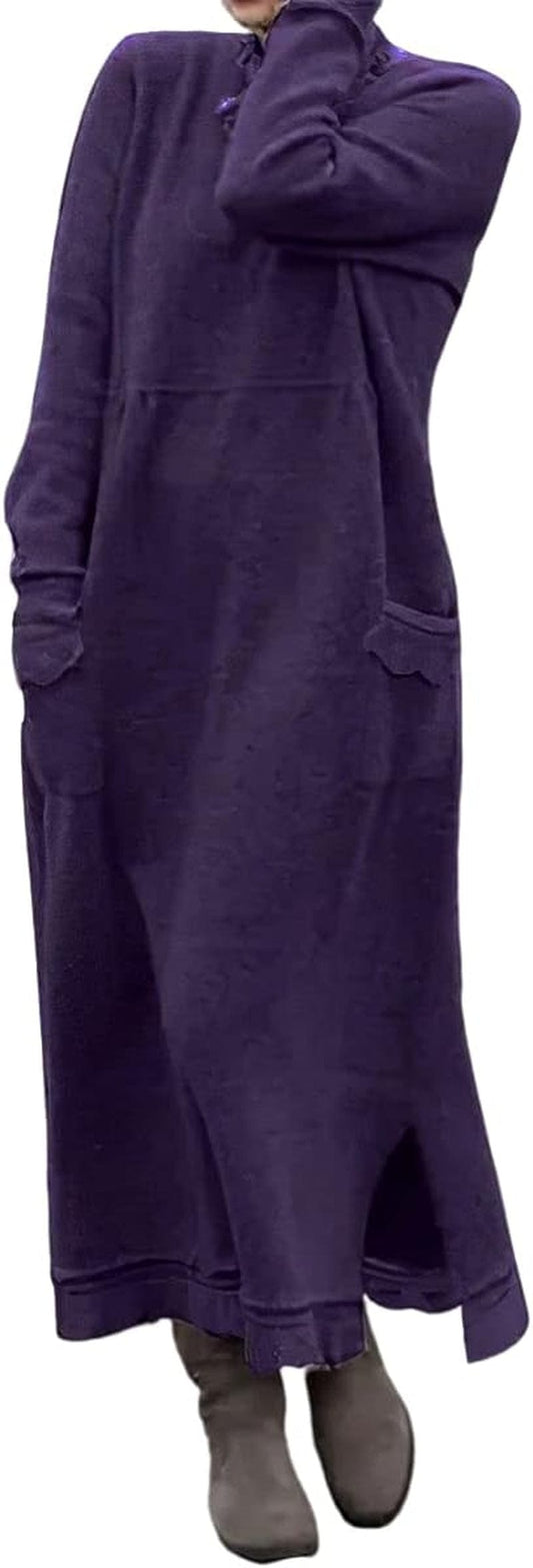 Akivide Women'S Fleece Pullover Sweatshirt Dress Casual Loose Crewneck Long Sleeve Maxi Dresses with Pockets