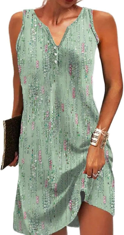 Akivide Womens Boho Floral Printed Button V Neck Sundresses Ethnic Summer Beach Vacation Sleeveless Tunic Dress Boho 9 / Large