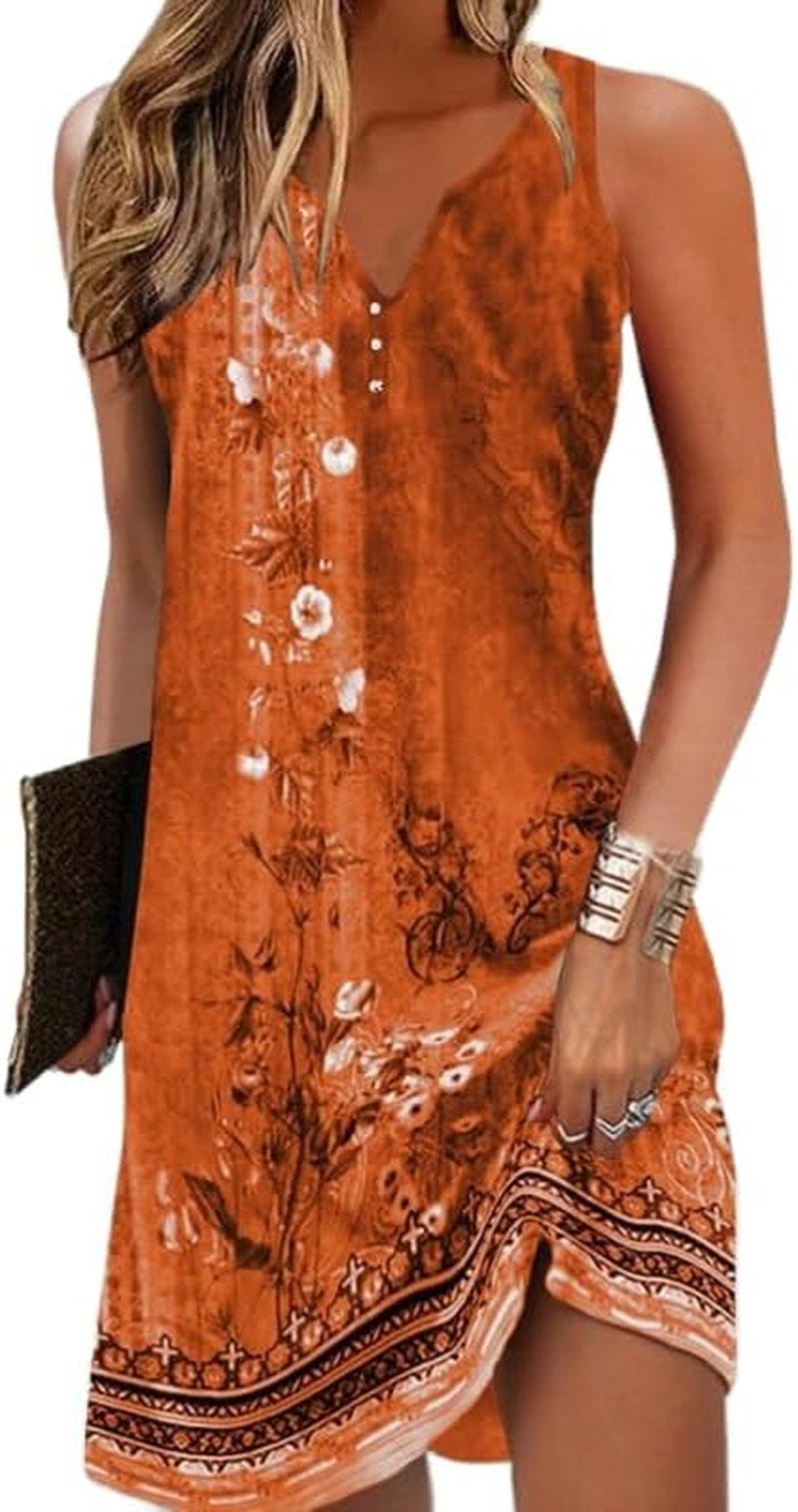 Akivide Womens Boho Floral Printed Button V Neck Sundresses Ethnic Summer Beach Vacation Sleeveless Tunic Dress Boho 3 / Small