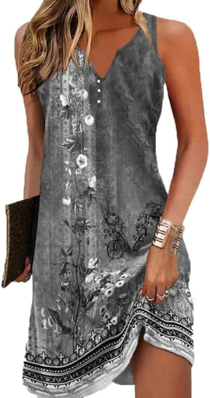 Akivide Womens Boho Floral Printed Button V Neck Sundresses Ethnic Summer Beach Vacation Sleeveless Tunic Dress