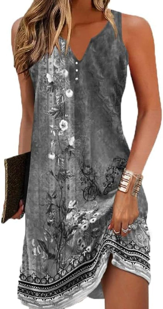 Akivide Womens Boho Floral Printed Button V Neck Sundresses Ethnic Summer Beach Vacation Sleeveless Tunic Dress