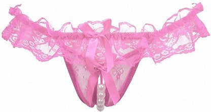 Akovichfarh Women Pearl Lace Bowknot Beads Lace Panties Erotic Thong Lingerie Underwear Pk / Small-Medium