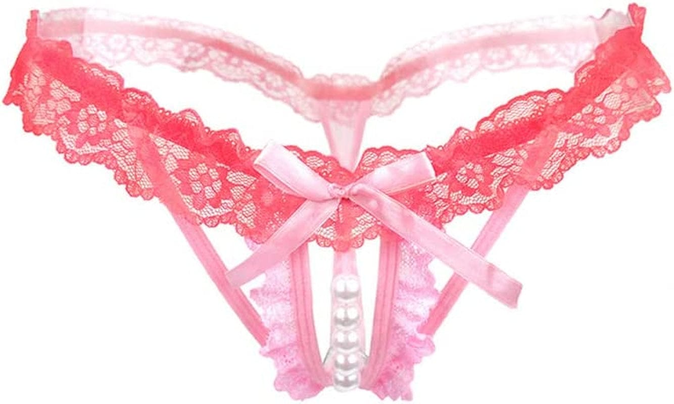 Akovichfarh Women Pearl Lace Bowknot Beads Lace Panties Erotic Thong Lingerie Underwear Pinky / Small-Medium