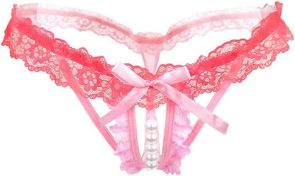 Akovichfarh Women Pearl Lace Bowknot Beads Lace Panties Erotic Thong Lingerie Underwear Pinky / Small-Medium