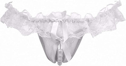 Akovichfarh Women Pearl Lace Bowknot Beads Lace Panties Erotic Thong Lingerie Underwear Wt / Large-X-Large