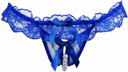 Akovichfarh Women Pearl Lace Bowknot Beads Lace Panties Erotic Thong Lingerie Underwear