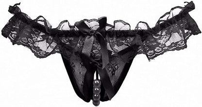 Akovichfarh Women Pearl Lace Bowknot Beads Lace Panties Erotic Thong Lingerie Underwear