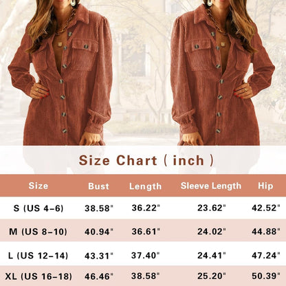 Alaster Queen Women'S Corduroy Long Sleeve Short Dresses 2023 Fall Winter Button down Work Tunic Dress with Pocket