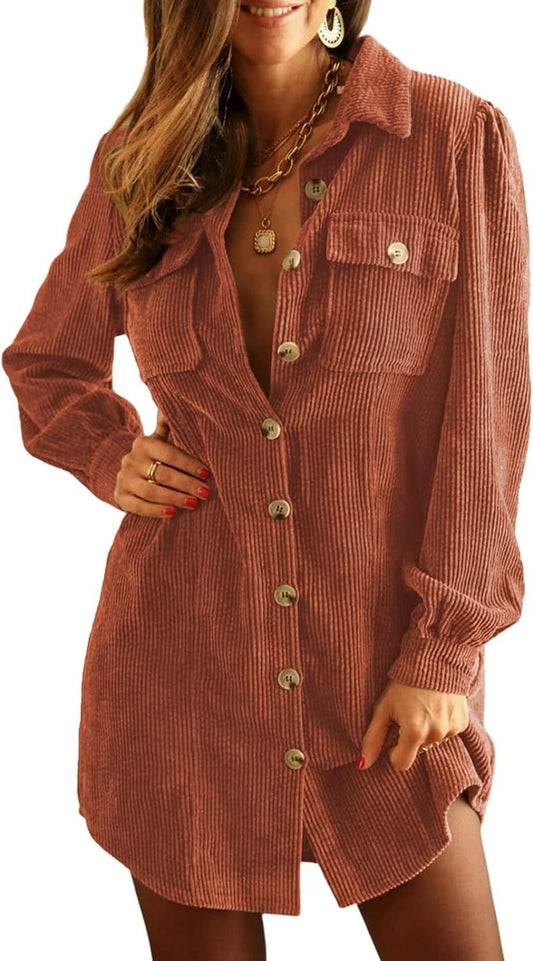 Alaster Queen Women'S Corduroy Long Sleeve Short Dresses 2023 Fall Winter Button down Work Tunic Dress with Pocket