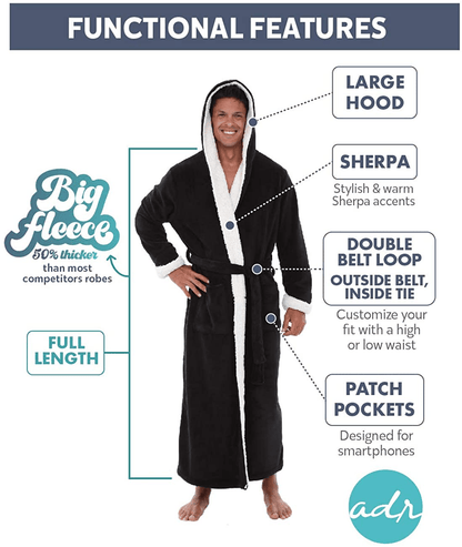 Alexander Del Rossa Men’S Robe, Big and Tall Plush Fleece Hooded Bathrobe with Sherpa and Two Large Front Pockets Apparel & Accessories > Clothing > Sleepwear & Loungewear > Robes Kylie Max   