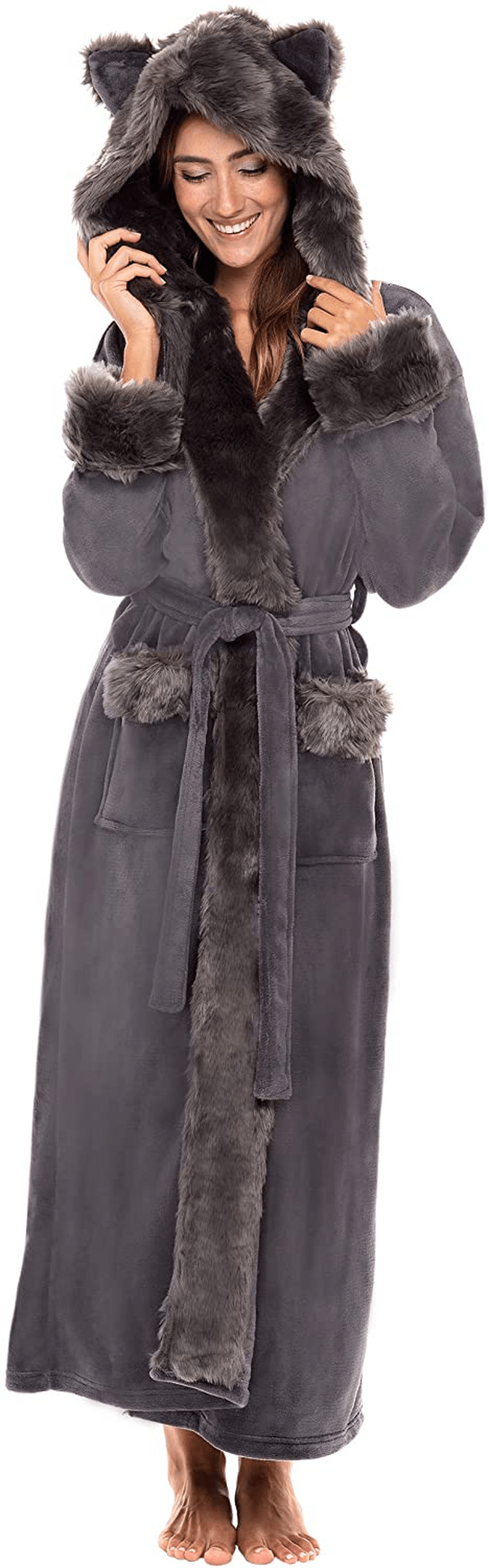 Alexander Del Rossa Women'S Warm Fleece Robe with Hood, Long Faux Fur Plush Bathrobe for Winter Apparel & Accessories > Clothing > Sleepwear & Loungewear > Robes Alexander Del Rossa Steel Gray With Animal Ears X-Small 