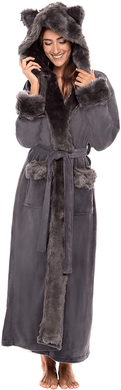 Alexander Del Rossa Women'S Warm Fleece Robe with Hood, Long Faux Fur Plush Bathrobe for Winter Apparel & Accessories > Clothing > Sleepwear & Loungewear > Robes Alexander Del Rossa Steel Gray With Animal Ears X-Small 