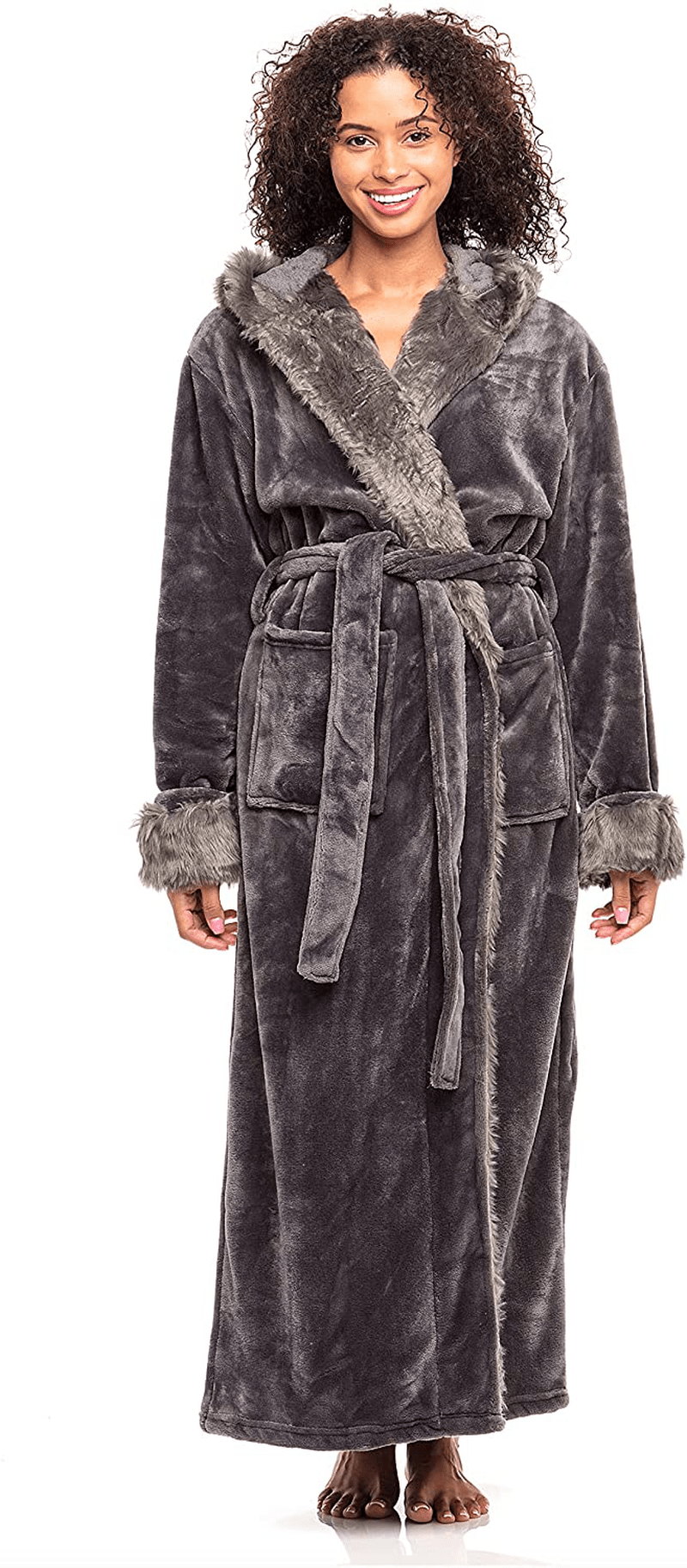 Alexander Del Rossa Women'S Warm Fleece Robe with Hood, Long Faux Fur Plush Bathrobe for Winter Apparel & Accessories > Clothing > Sleepwear & Loungewear > Robes Alexander Del Rossa Steel Gray With Faux Fur X-Small 