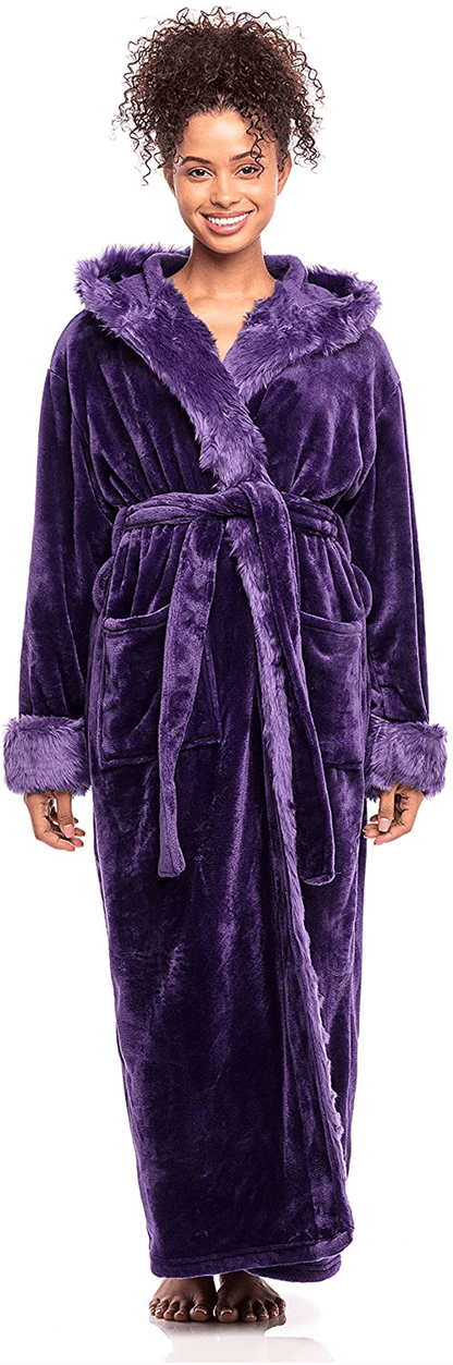 Alexander Del Rossa Women'S Warm Fleece Robe with Hood, Long Faux Fur Plush Bathrobe for Winter Apparel & Accessories > Clothing > Sleepwear & Loungewear > Robes Alexander Del Rossa Purple With Faux Fur Large-X-Large 