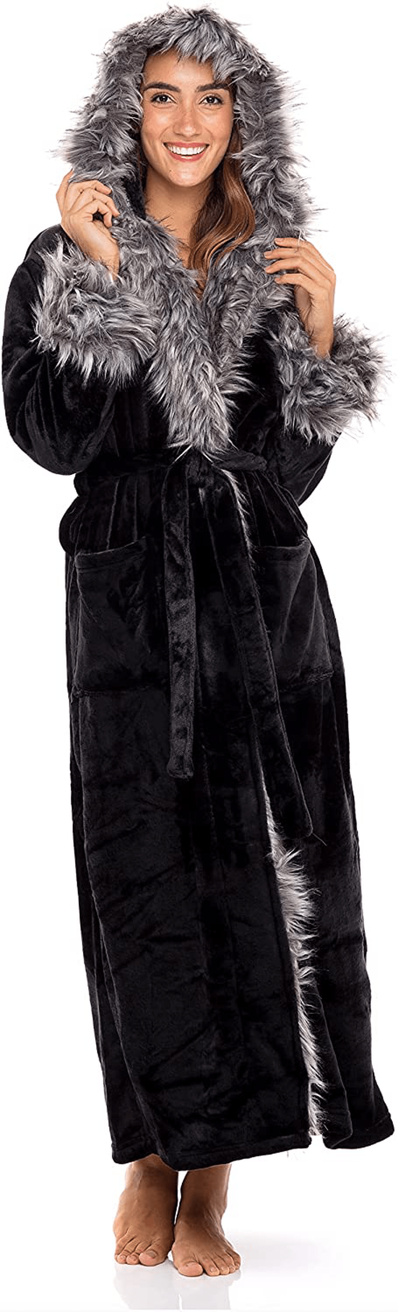Alexander Del Rossa Women'S Warm Fleece Robe with Hood, Long Faux Fur Plush Bathrobe for Winter Apparel & Accessories > Clothing > Sleepwear & Loungewear > Robes Alexander Del Rossa   