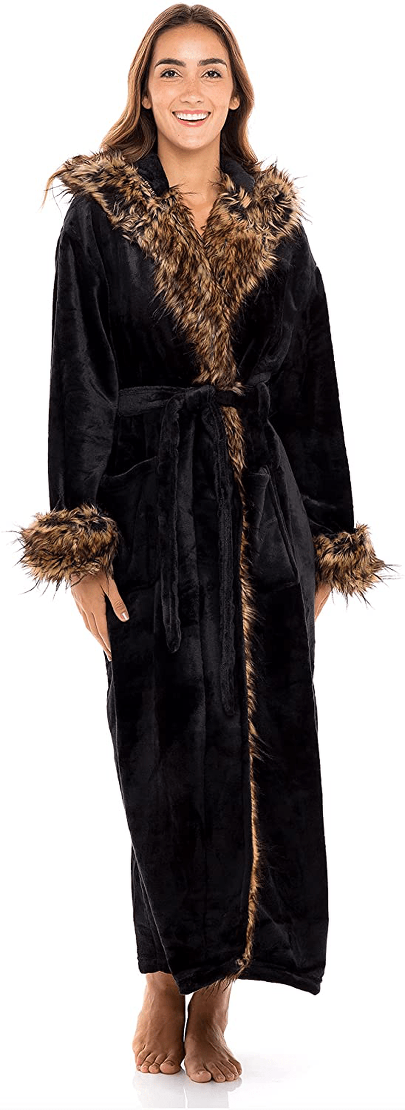 Alexander Del Rossa Women'S Warm Fleece Robe with Hood, Long Faux Fur Plush Bathrobe for Winter Apparel & Accessories > Clothing > Sleepwear & Loungewear > Robes Alexander Del Rossa Black With Brown Wolf Fur Limited Edition X-Small 