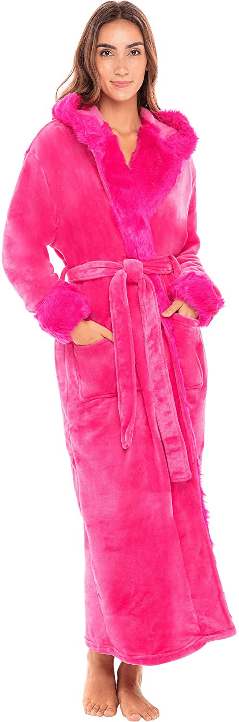 Alexander Del Rossa Women'S Warm Fleece Robe with Hood, Long Faux Fur Plush Bathrobe for Winter Apparel & Accessories > Clothing > Sleepwear & Loungewear > Robes Alexander Del Rossa   