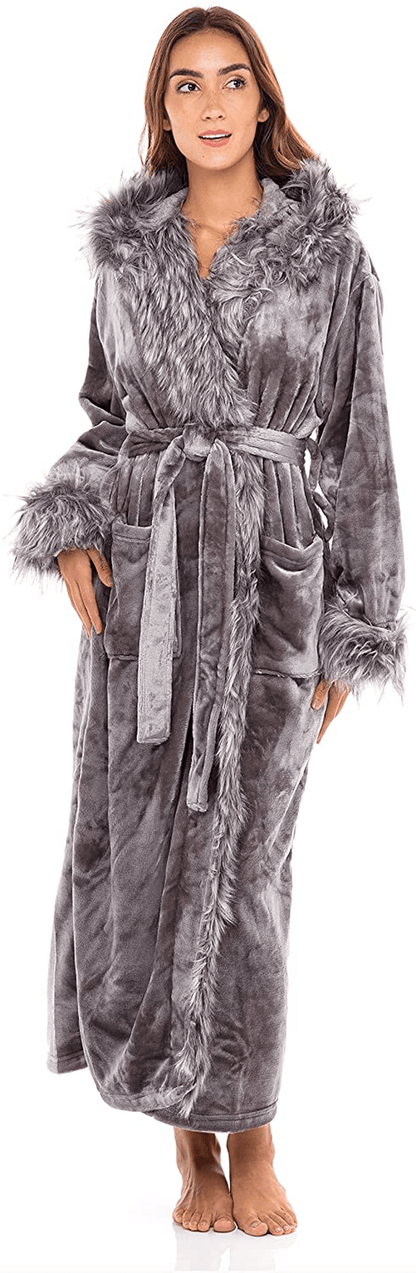 Alexander Del Rossa Women'S Warm Fleece Robe with Hood, Long Faux Fur Plush Bathrobe for Winter Apparel & Accessories > Clothing > Sleepwear & Loungewear > Robes Alexander Del Rossa Gray With Gray Wolf Faux Fur X-Small 