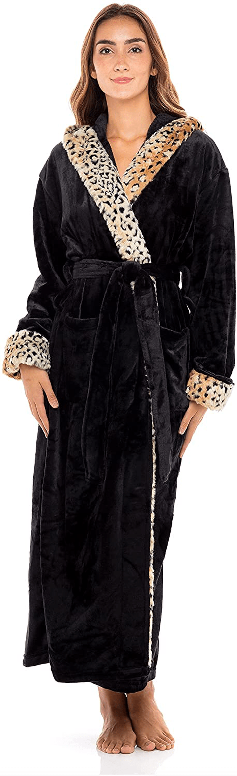 Alexander Del Rossa Women'S Warm Fleece Robe with Hood, Long Faux Fur Plush Bathrobe for Winter Apparel & Accessories > Clothing > Sleepwear & Loungewear > Robes Alexander Del Rossa Black With Leopard Print Limited Edition 5X-6X 