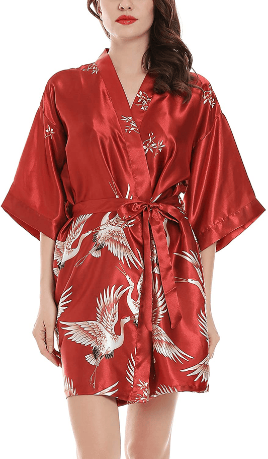 Algerc Women Kimono Robes Satin Dressing Gown Crane and Blossoms Sleep Lounge Nightwear Short Silk Bride Bridesmaid Robe Apparel & Accessories > Clothing > Sleepwear & Loungewear > Robes Algerc Wine Red Large 
