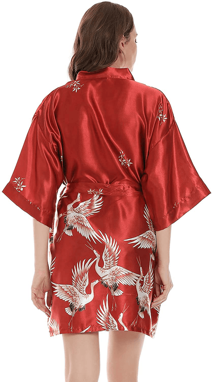 Algerc Women Kimono Robes Satin Dressing Gown Crane and Blossoms Sleep Lounge Nightwear Short Silk Bride Bridesmaid Robe Apparel & Accessories > Clothing > Sleepwear & Loungewear > Robes Algerc   