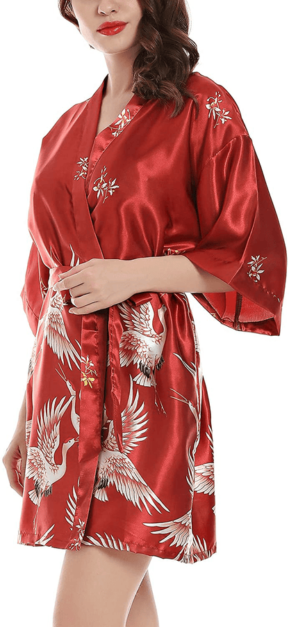 Algerc Women Kimono Robes Satin Dressing Gown Crane and Blossoms Sleep Lounge Nightwear Short Silk Bride Bridesmaid Robe Apparel & Accessories > Clothing > Sleepwear & Loungewear > Robes Algerc   