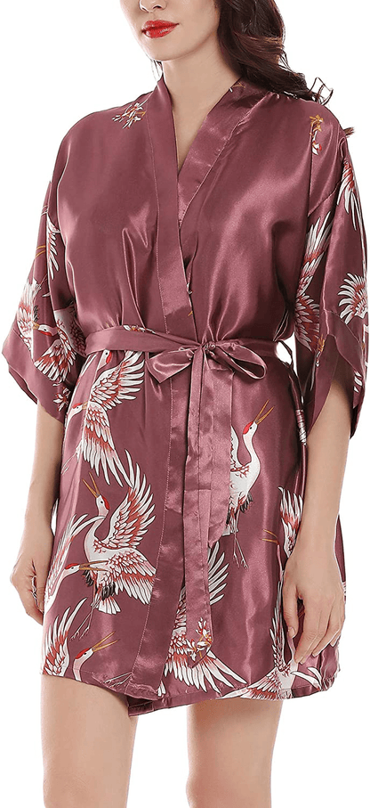 Algerc Women Kimono Robes Satin Dressing Gown Crane and Blossoms Sleep Lounge Nightwear Short Silk Bride Bridesmaid Robe Apparel & Accessories > Clothing > Sleepwear & Loungewear > Robes Algerc Lavender Small 
