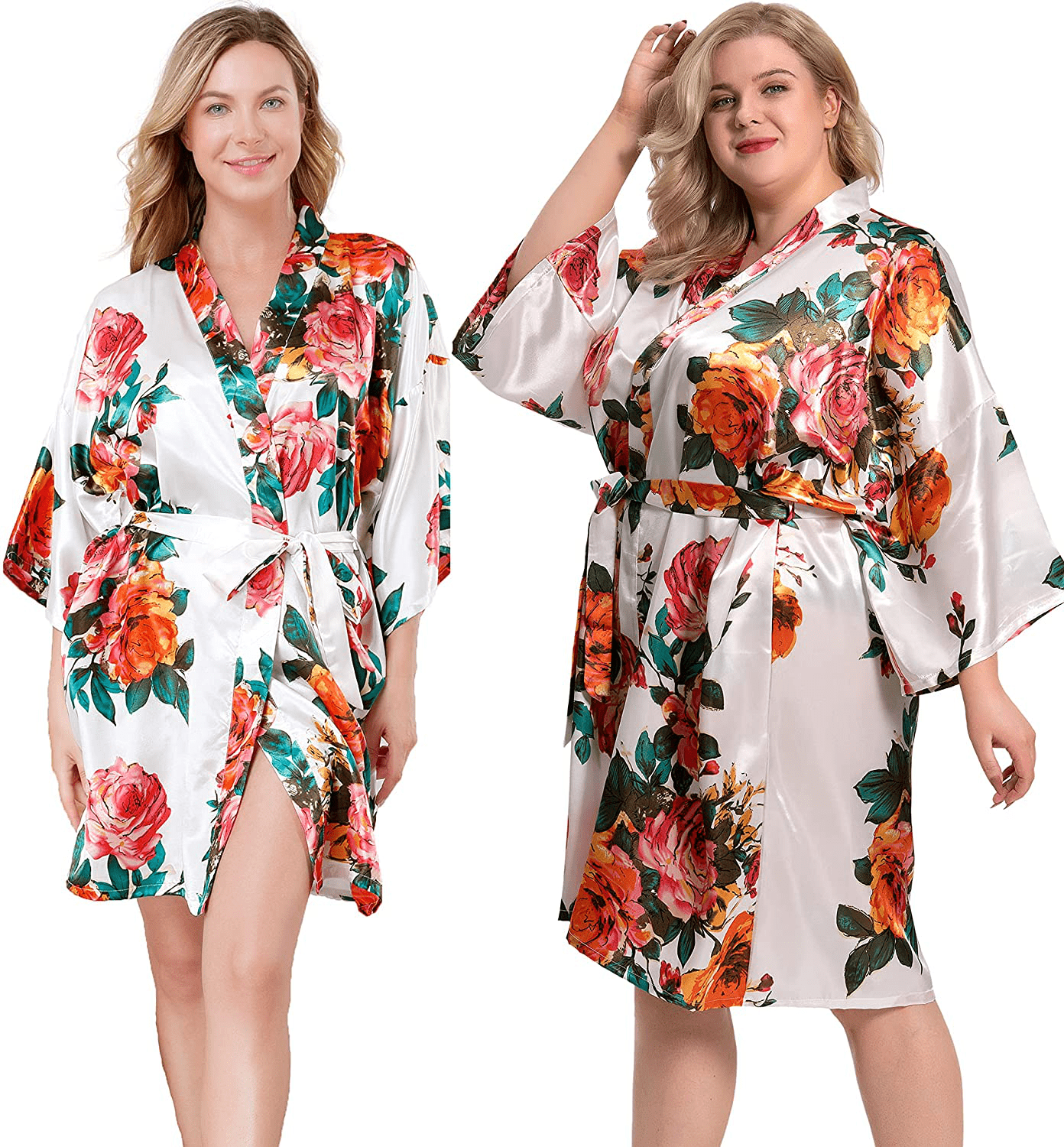 ALHAVONE Women'S Rose Flowers Silky Satin Short Kimono Robe for Wedding Getting Ready Apparel & Accessories > Clothing > Sleepwear & Loungewear > Robes ALHAVONE White Large-X-Large 