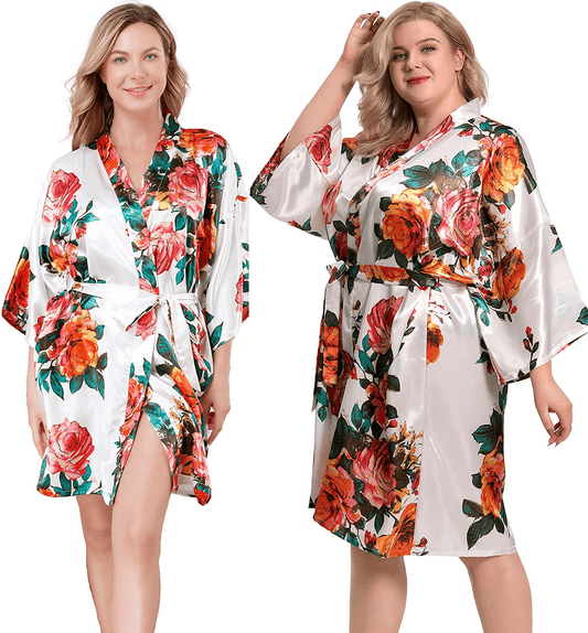 ALHAVONE Women'S Rose Flowers Silky Satin Short Kimono Robe for Wedding Getting Ready Apparel & Accessories > Clothing > Sleepwear & Loungewear > Robes ALHAVONE White Large-X-Large 