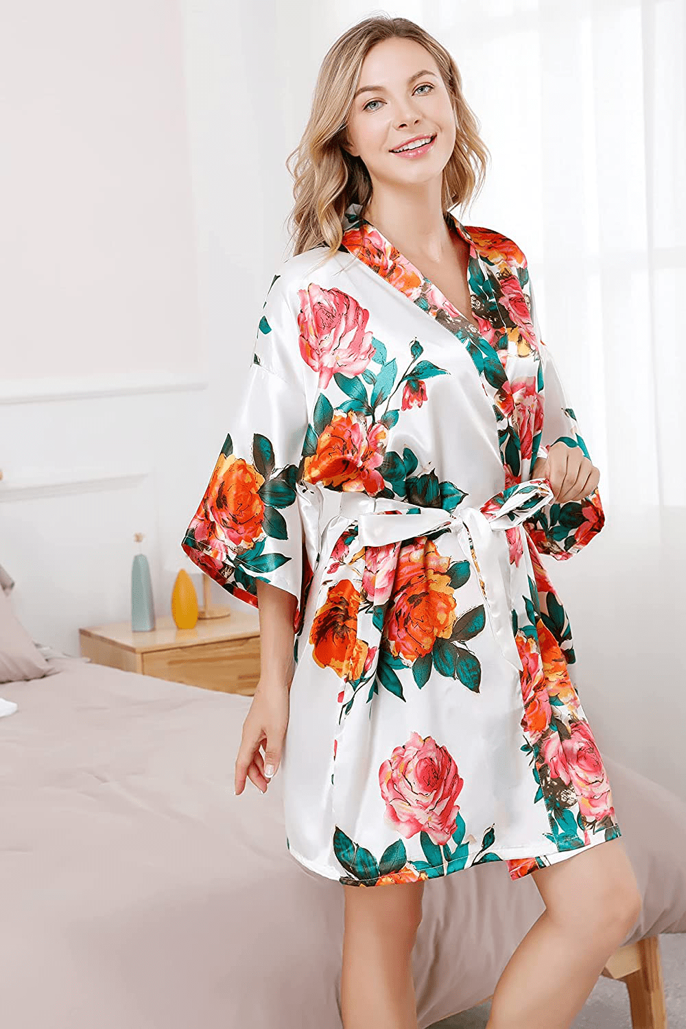ALHAVONE Women'S Rose Flowers Silky Satin Short Kimono Robe for Wedding Getting Ready Apparel & Accessories > Clothing > Sleepwear & Loungewear > Robes ALHAVONE   