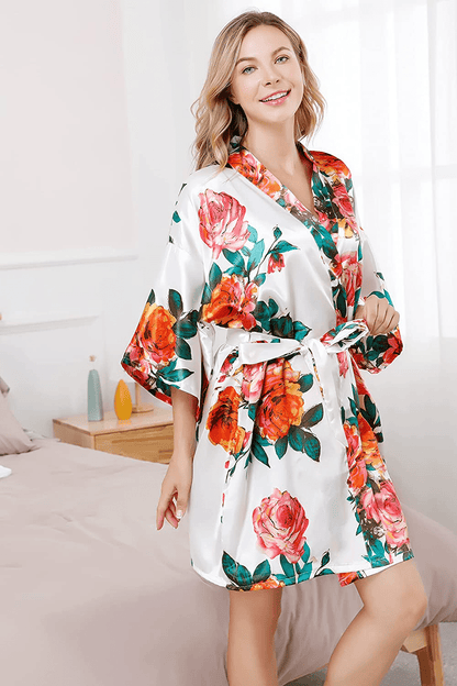 ALHAVONE Women'S Rose Flowers Silky Satin Short Kimono Robe for Wedding Getting Ready Apparel & Accessories > Clothing > Sleepwear & Loungewear > Robes ALHAVONE   