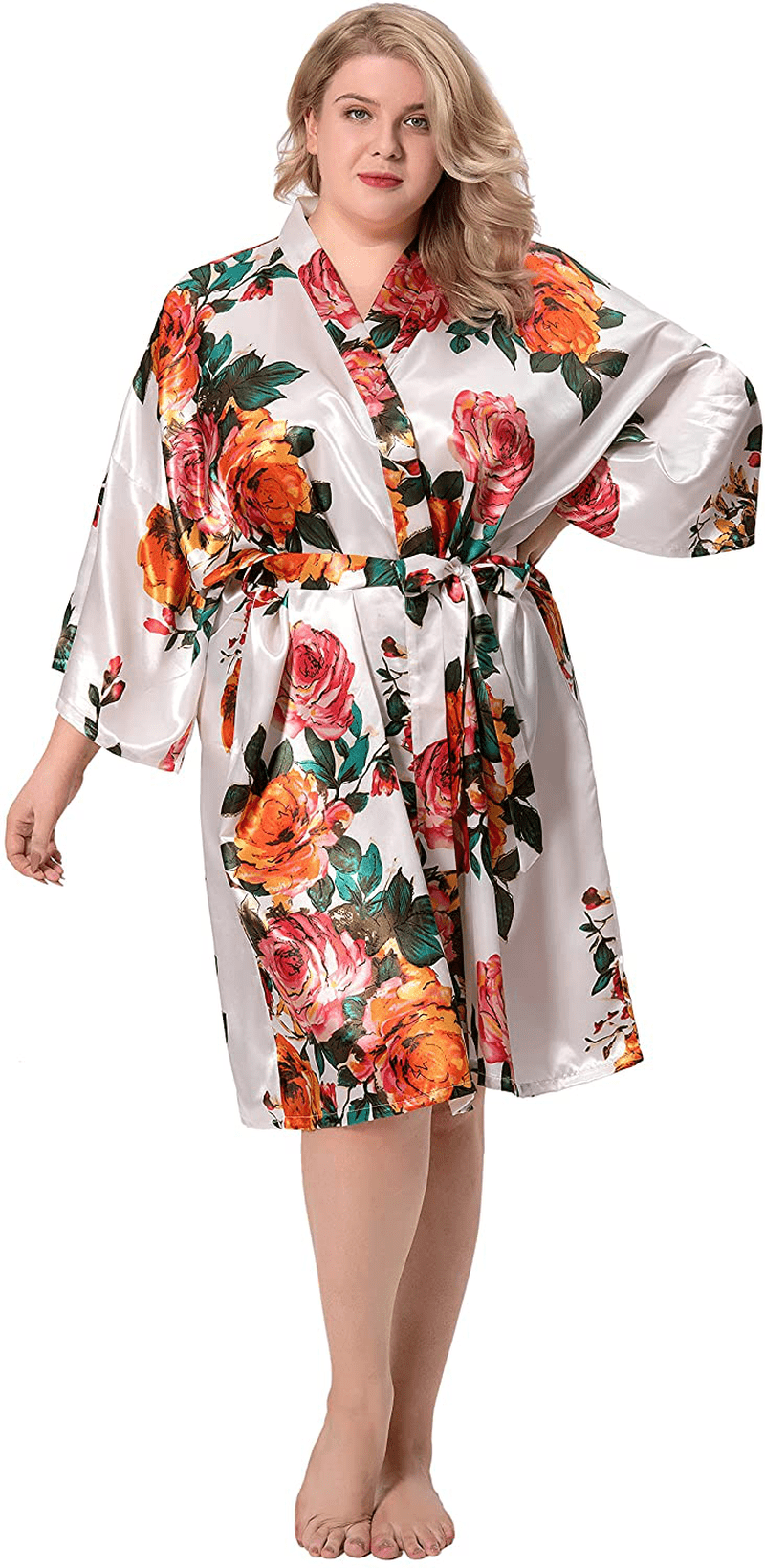 ALHAVONE Women'S Rose Flowers Silky Satin Short Kimono Robe for Wedding Getting Ready Apparel & Accessories > Clothing > Sleepwear & Loungewear > Robes ALHAVONE   