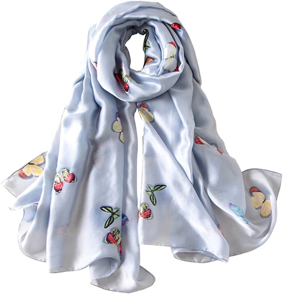 Alice Women Classy Silky Satin Butterfly Print Long Scarf Shawls Wraps Apparel & Accessories > Clothing Accessories > Scarves & Shawls Alice Light Blue  