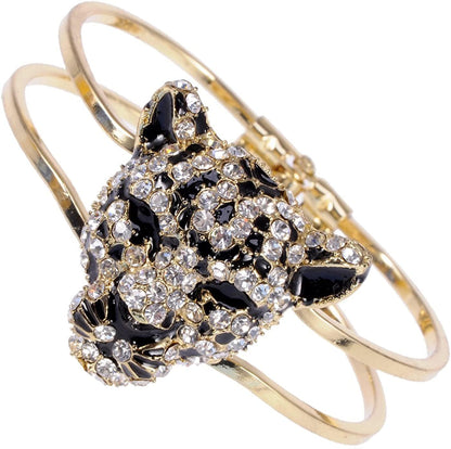 Alilang Golden Tone Clear Crystal Rhinestone Black Enamel Cheetah Leopard Jaguar Head Bangle Bracelet Apparel & Accessories > Jewelry > Bracelets Alilang   