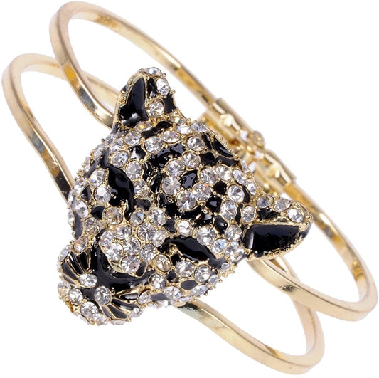 Alilang Golden Tone Clear Crystal Rhinestone Black Enamel Cheetah Leopard Jaguar Head Bangle Bracelet Apparel & Accessories > Jewelry > Bracelets Alilang   