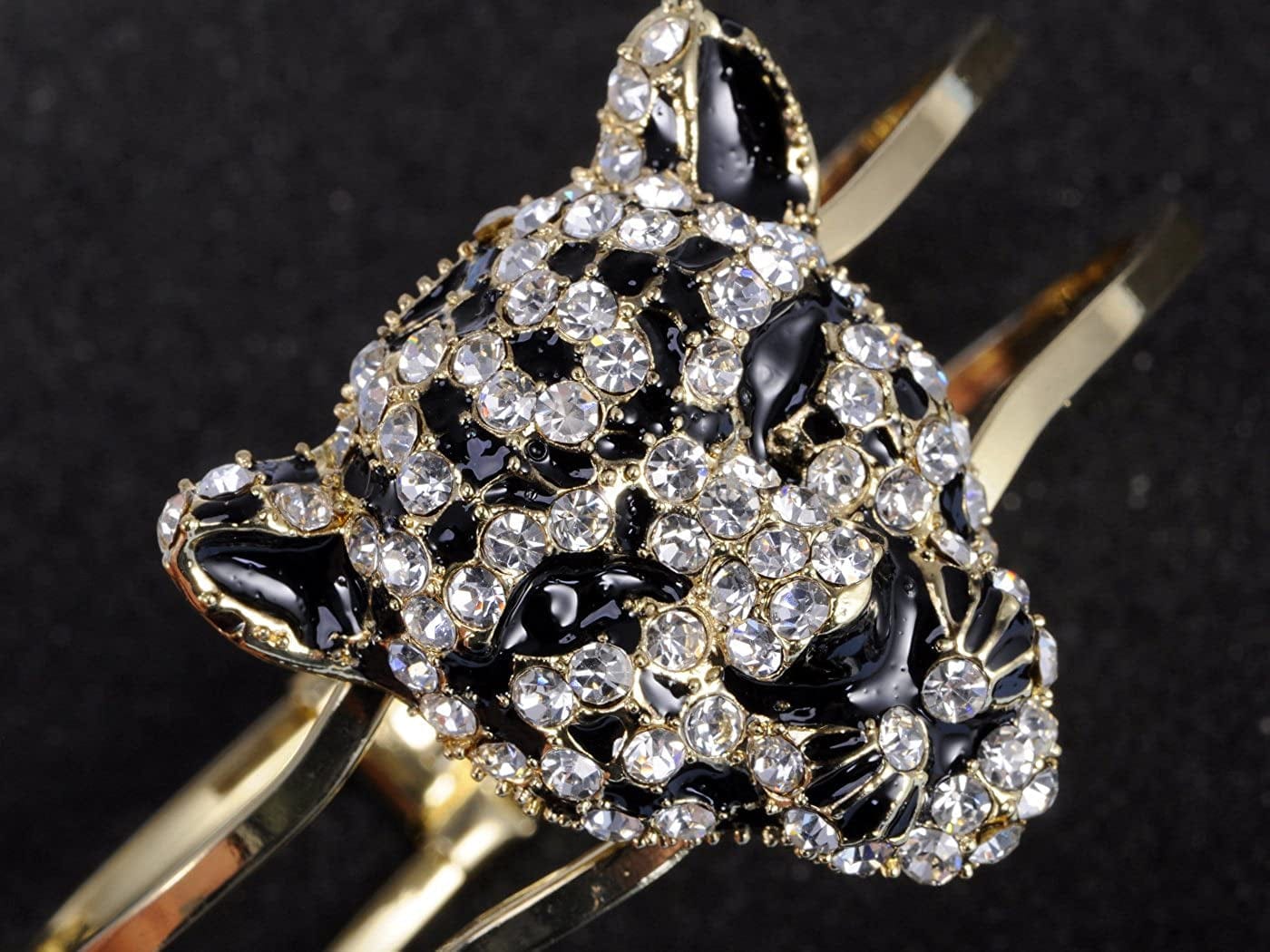 Alilang Golden Tone Clear Crystal Rhinestone Black Enamel Cheetah Leopard Jaguar Head Bangle Bracelet Apparel & Accessories > Jewelry > Bracelets Alilang   