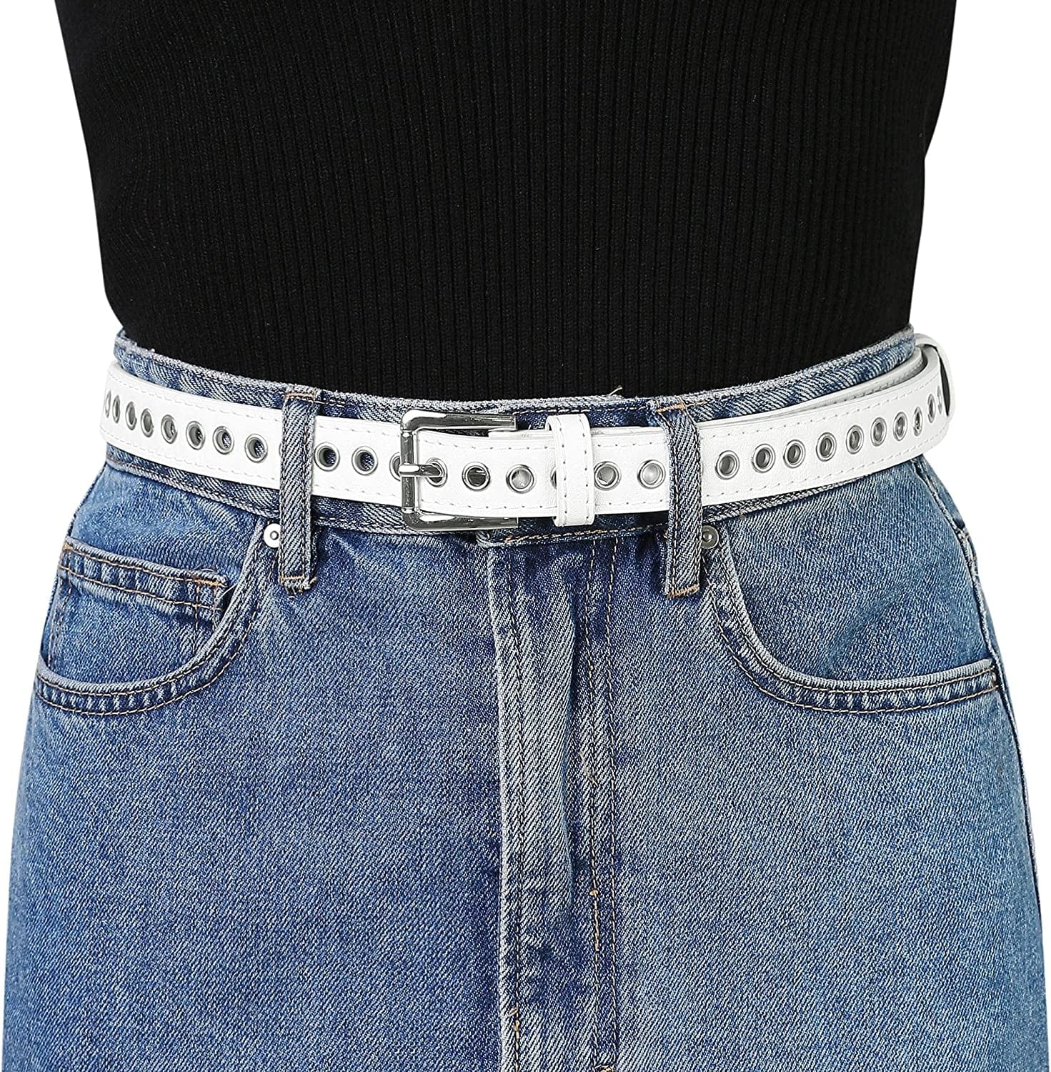 Allegra K Women Grommet Belt PU Leather Metal Buckle Skinny Waist Hollow Belts Apparel & Accessories > Clothing Accessories > Belts Allegra K   