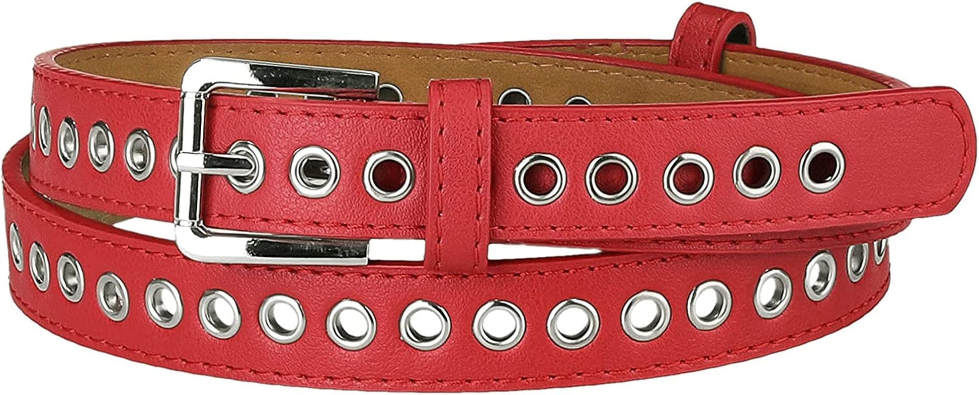Allegra K Women Grommet Belt PU Leather Metal Buckle Skinny Waist Hollow Belts Apparel & Accessories > Clothing Accessories > Belts Allegra K Red Fit waist up to 104cm/41" 