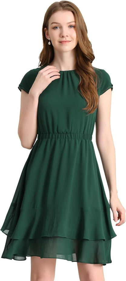 Allegra K Women'S Elegant Chiffon A-Line Cap Sleeve Elastic Waist Layered Ruffle Dress Dark Green / X-Small