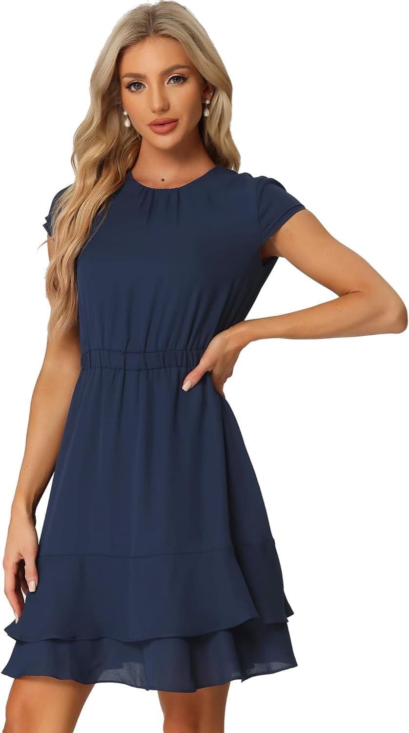 Allegra K Women'S Elegant Chiffon A-Line Cap Sleeve Elastic Waist Layered Ruffle Dress Dark Blue / Large