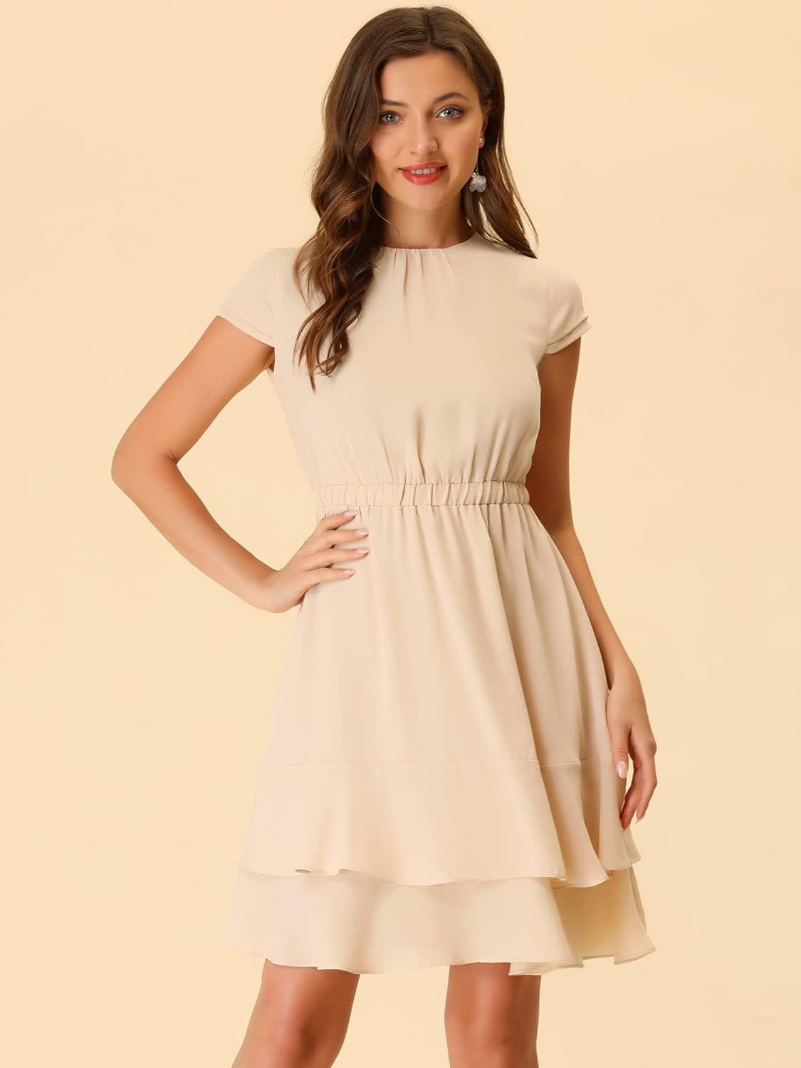 Allegra K Women'S Elegant Chiffon A-Line Cap Sleeve Elastic Waist Layered Ruffle Dress