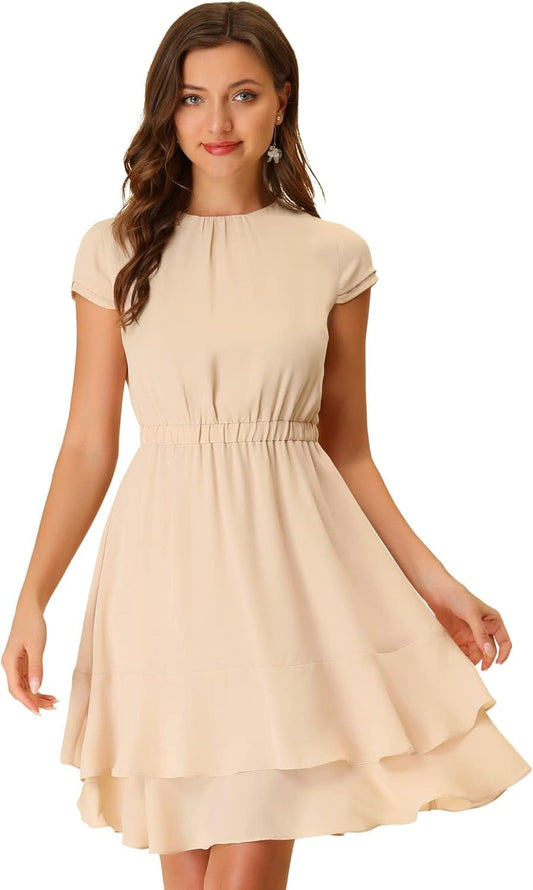 Allegra K Women'S Elegant Chiffon A-Line Cap Sleeve Elastic Waist Layered Ruffle Dress