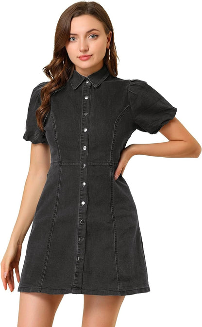 Allegra K Women'S Puff Short Sleeve Collared Button down Mini Jean Denim Dress with Pockets Dark Grey / X-Small