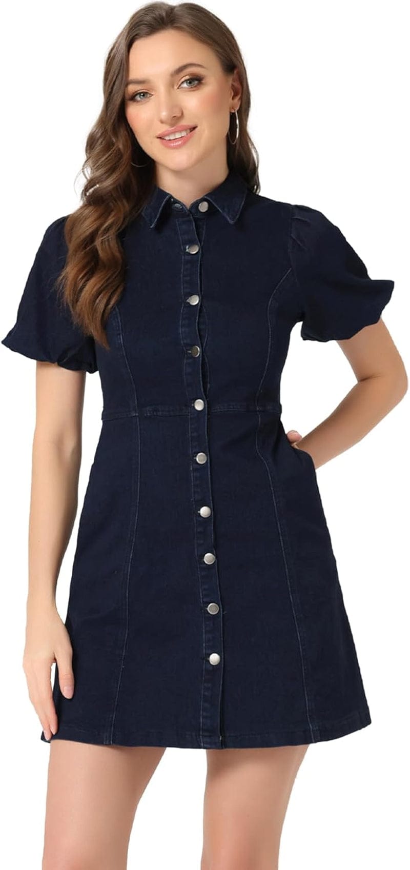 Allegra K Women'S Puff Short Sleeve Collared Button down Mini Jean Denim Dress with Pockets Deep Blue / X-Small