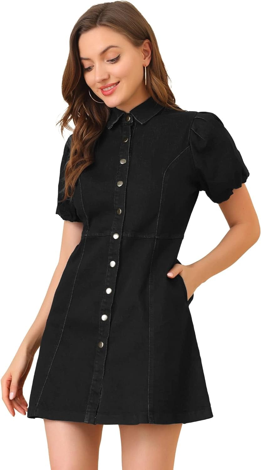 Allegra K Women'S Puff Short Sleeve Collared Button down Mini Jean Denim Dress with Pockets Black / Small