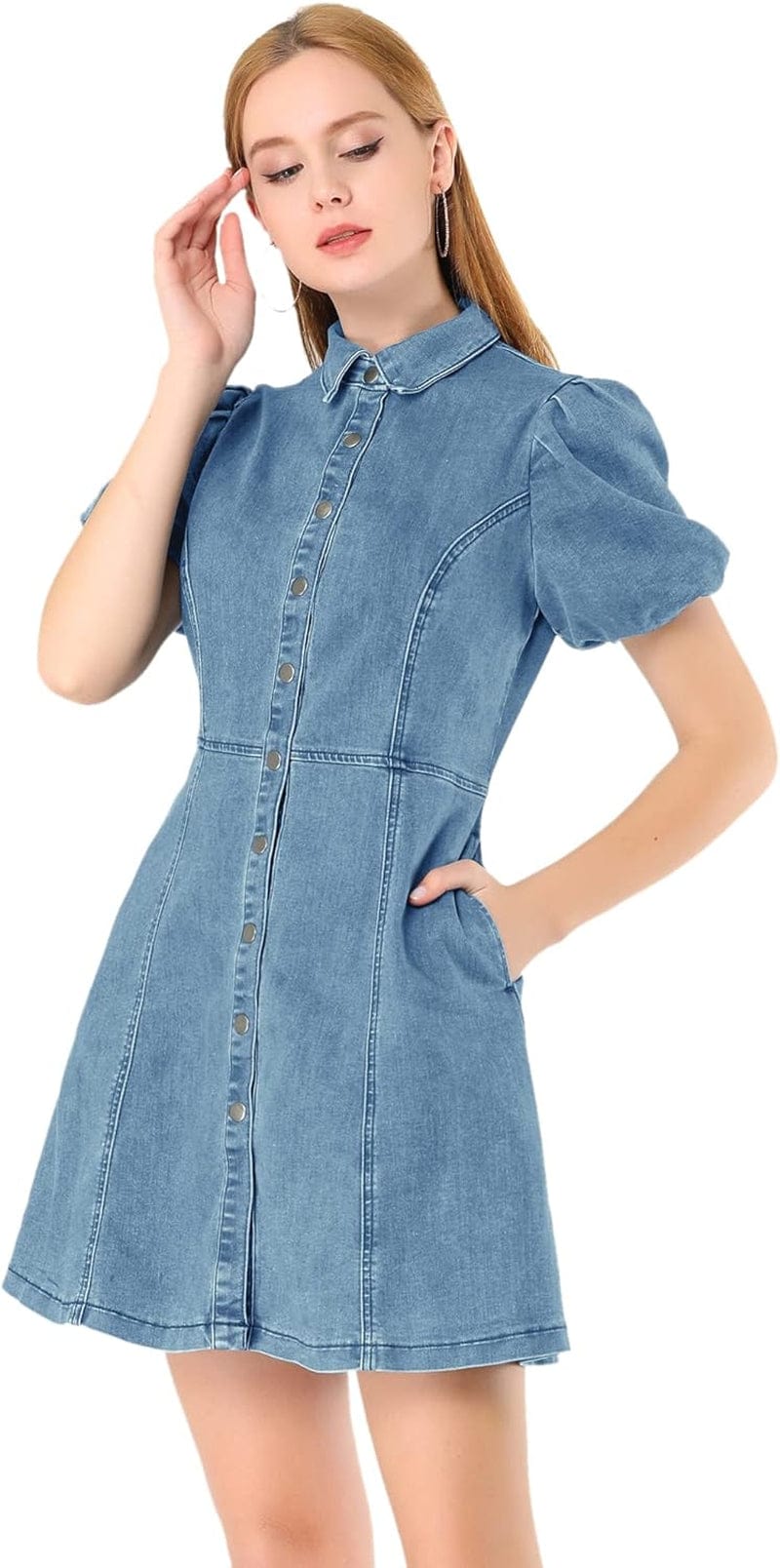 Allegra K Women'S Puff Short Sleeve Collared Button down Mini Jean Denim Dress with Pockets Light Blue / X-Large