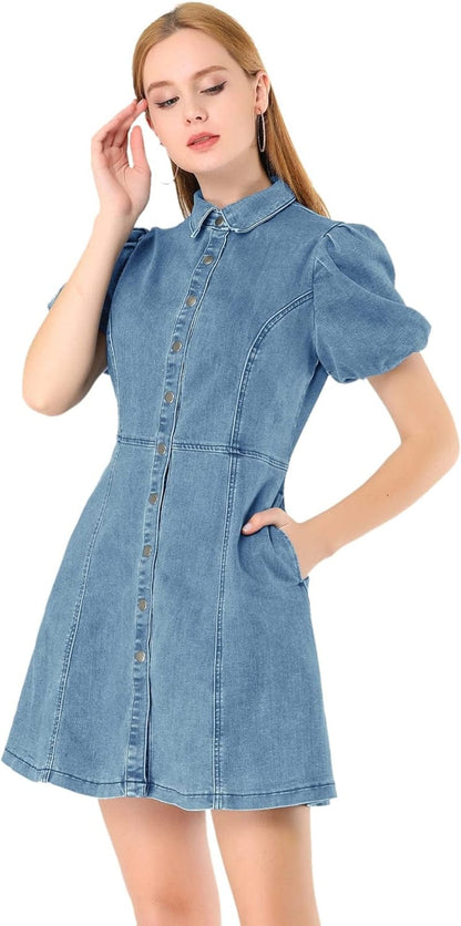 Allegra K Women'S Puff Short Sleeve Collared Button down Mini Jean Denim Dress with Pockets Light Blue / X-Large